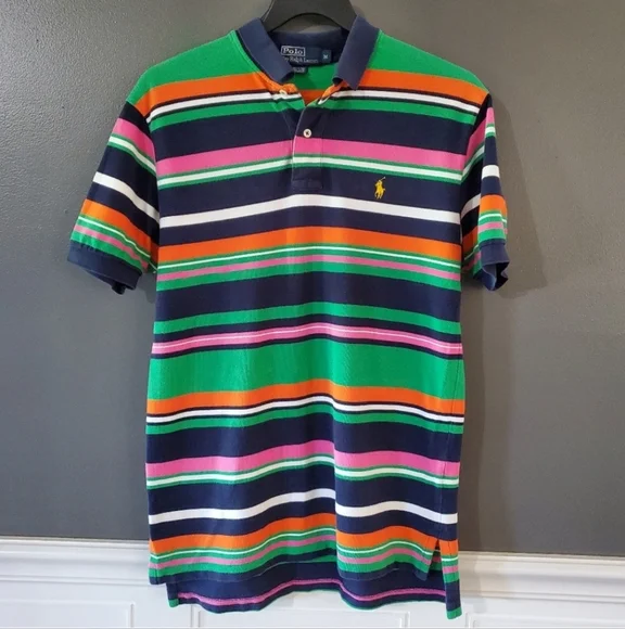 POLO RALPH LAUREN Vtg Y2K Multicolor Striped Polo M - Picture 1 of 6